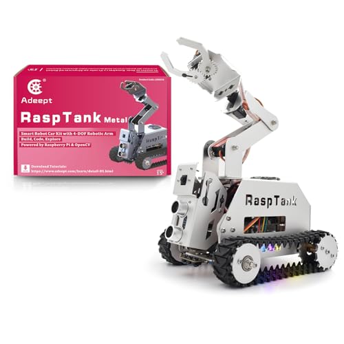 Adeept RaspTank Metal Smart Car Kit for Raspberry Pi 5/4B/3B/3B+(Board Not Included), Tank Tracked Robot with 4-DOF Robotic Arm, OpenCV, Obstacle Avoidance, Line Tracking, with Digital Tutorials