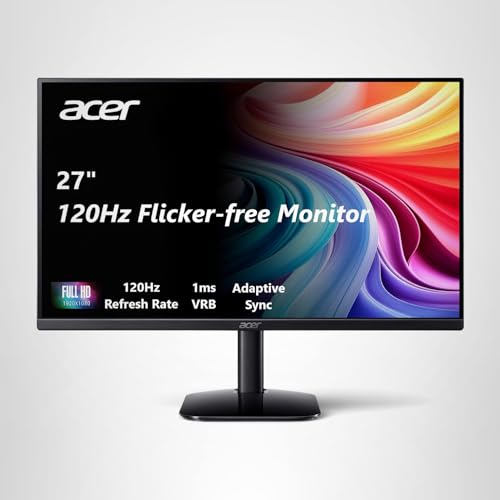 acer 27 Inch Monitor- KB272-27 Inch FHD IPS (1920 x 1080) Display, Up to 120Hz Refresh Rate, 99% sRGB, Tilt, Adaptive-Sync Support (FreeSync Compatible) 1ms (VRB), sRGB 99% Color, HDMI & VGA Ports