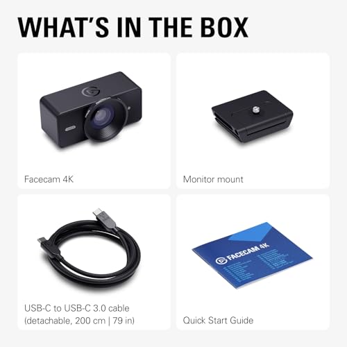 Elgato Facecam 4K - 4K60 Studio Webcam, DSLR-Like Control, Cinematic Effects, 49mm Lens Filters, HDR, Uncompressed Video, Optimized Focus Area | USB-C for PC & Mac