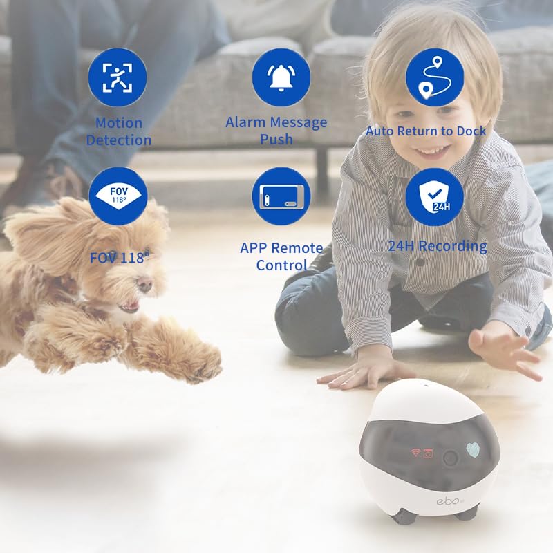 Rocon Ebo SE Pet Robot Camera, 2 Way Talk, Night Vision, App Remote Control, Indoor Security Camera, Movable Cam for Dog/Cat/Baby, SD Card