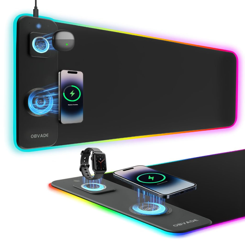 Коврик для мыши obvade XXL RGB, черный, для гейминга, большой коврик для стола, подставки под мышь для стола с быстрой беспроводной зарядкой 15 Вт и держателем для телефона, 11 режимов светодиодной подсветки, водонепроницаемый коврик, нескользящая основа