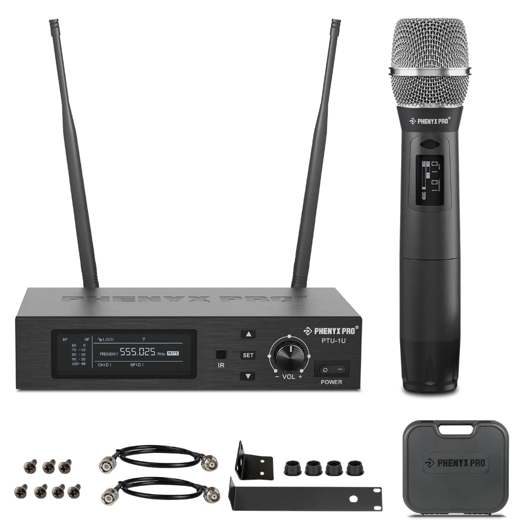 Phenyx Pro True Diversity Wireless Microphone System w/ 1000 Tunable Channels, Single Cordless Mic Set w/Auto Scan, UHF Professional Dynamic Microphone for Singing, Stage & Studio (PTU-1U)