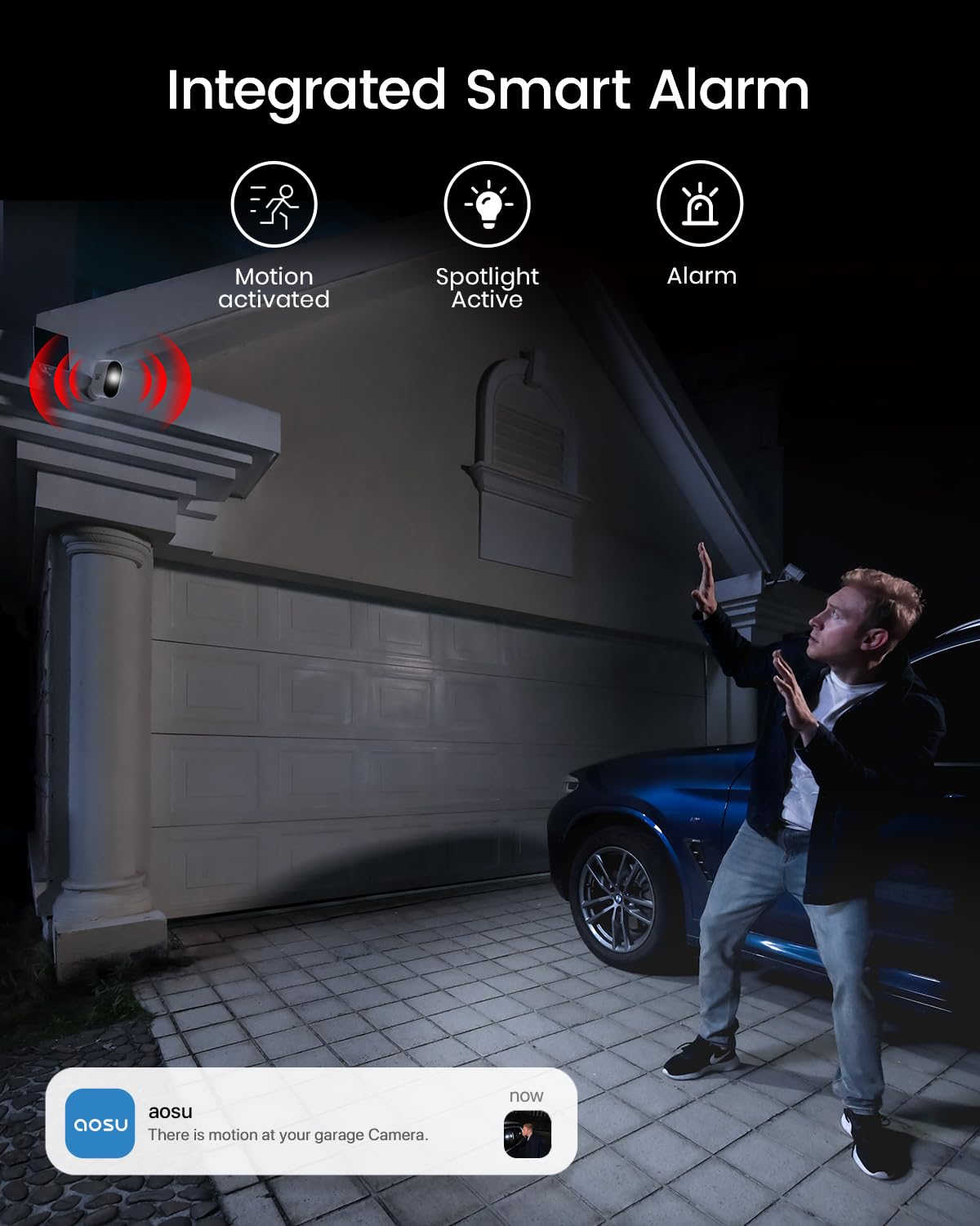 aosu 3K/5MP Security Cameras Outdoor Wireless Home Surveillance System, Solar Powered, 166° Ultra-Wide-Angle, HD Color Night Vision, Spotlight & Siren Alarm, Motion Alert, Easy Setup, 4-Cam-Kit