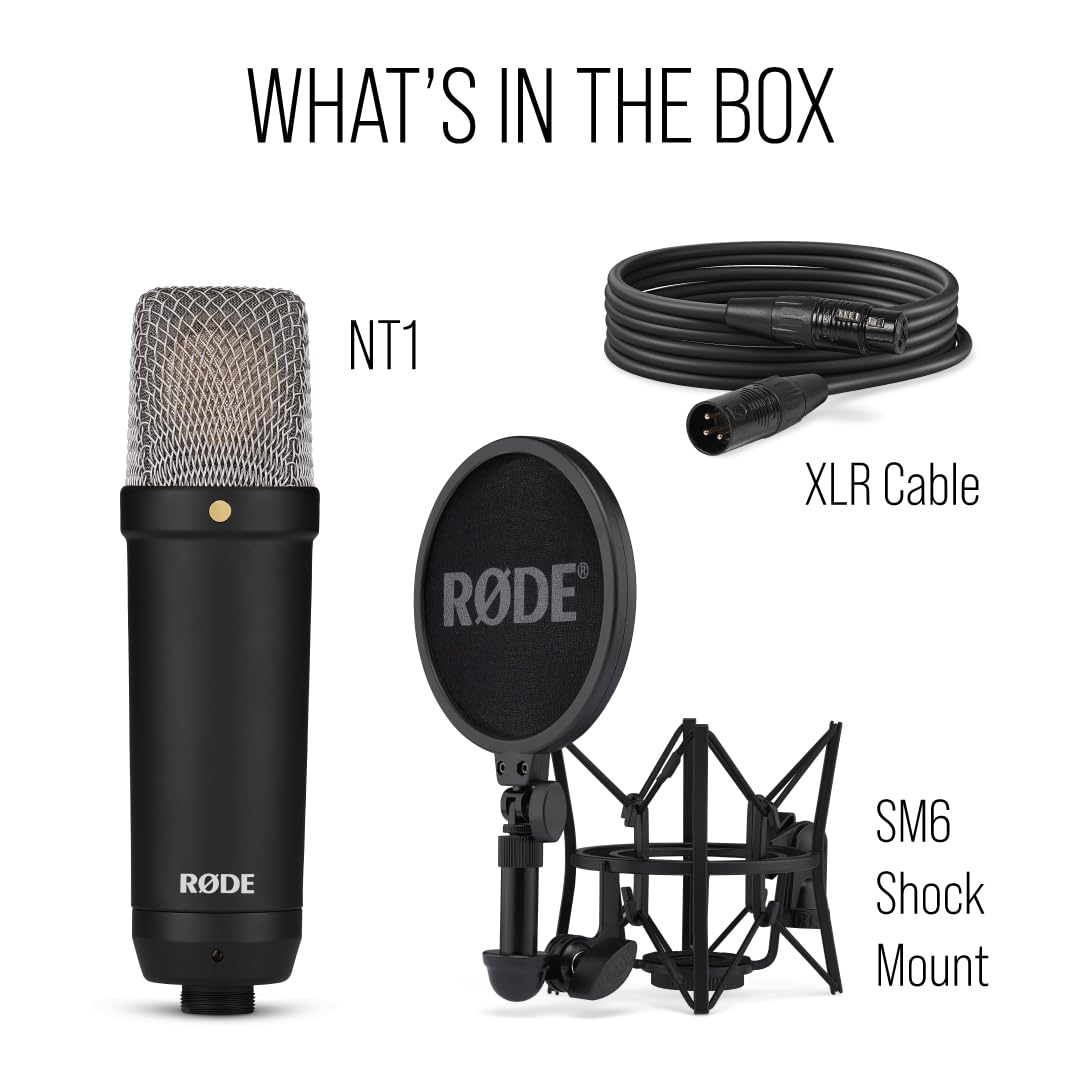 RØDE NT1 Signature Series Large-Diaphragm Condenser Microphone with Shock Mount, Pop Filter and XLR Cable for Music Production, Vocal Recording, Streaming and Podcasting (Black)