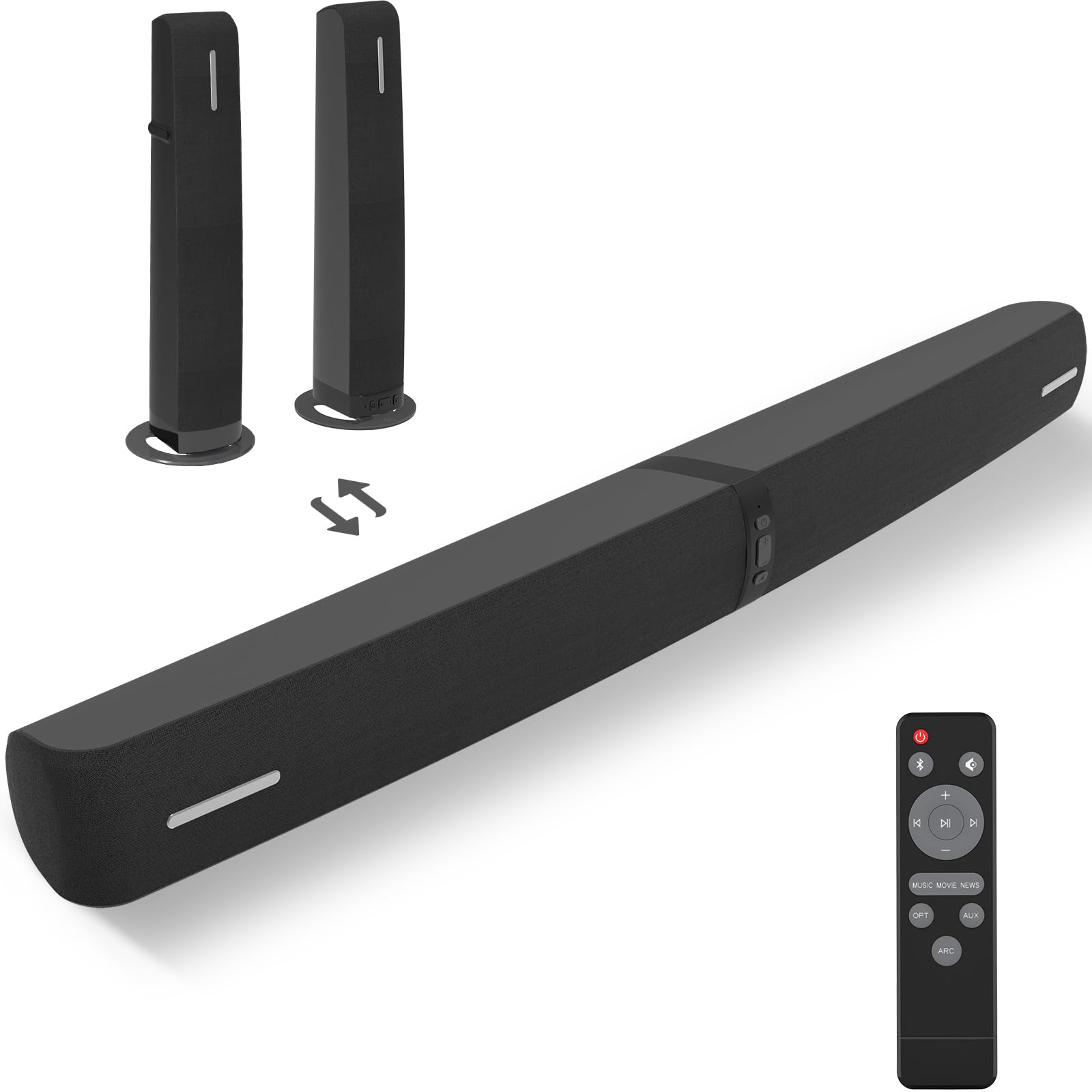Assistrust Sound Bar for Smart TV,90W Soundbar with Bluetooth/ARC/Optical/AUX Connect, Auto Volume Boost, 3 Customizable Equalizer Modes, 2 in 1 Detachable Soundbar for TV/PC/Gaming/Projectors