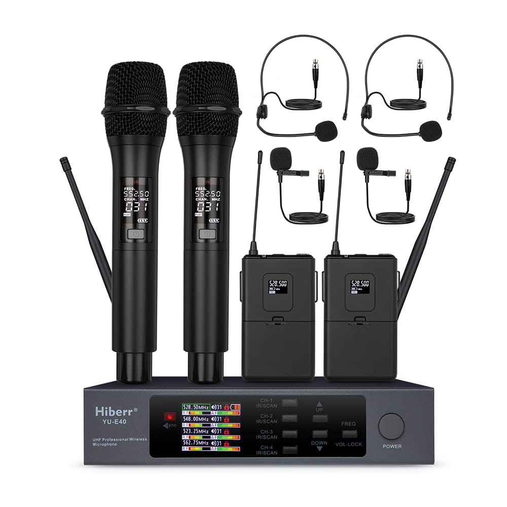 Hiberr Wireless Microphone System, 4 Channels Adjustable UHF Wireless Microphone Metal Shell Vocal Wireless Mic for Church, Party, Singing, SpeechYU-E40HB Cordless Microphone