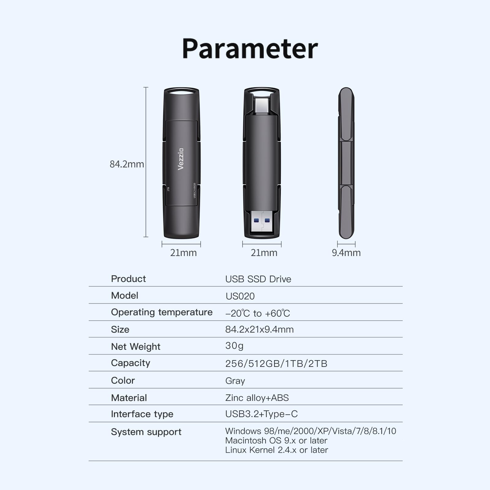 External SSD Vezzio USB Drive Speed up to 1000MB/s Thumb Drive, USB 3.2 Gen2+Type C Dual Port Portable SSD, USB Memory Stick for iPhone17,16,15 Series/MacBook/Android Phone/Audio