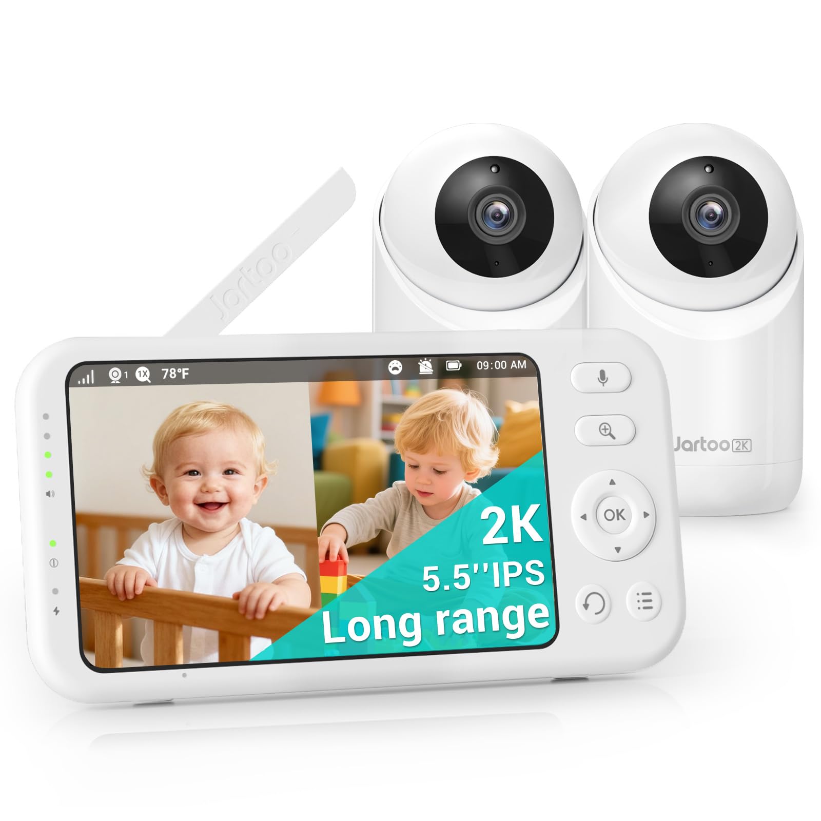 Jartoo 2K 5.5" Video Baby Monitor with 2 Cameras and Audio,AI Cry Detect 1860ft Long Range Baby Monitor No WiFi Baby Camera Wireless,Clear Night Vision,ANC, 2-Way Talk,White Noise,6000mAh [2025 New]