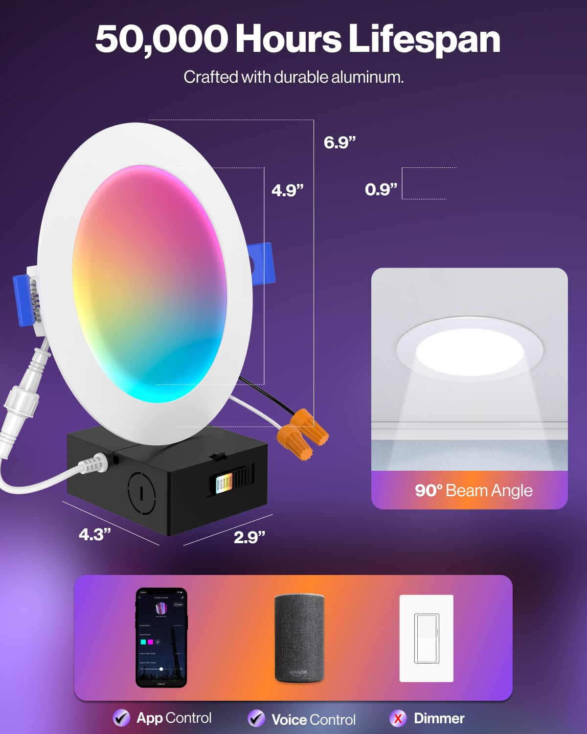 Sunco 12 Pack 6 Inch Smart Ultra Thin LED Recessed Ceiling Lights Slim, RGB+5000K Daylight, Dimmable, 15W, Canless Wafer with Junction Box - ETL.