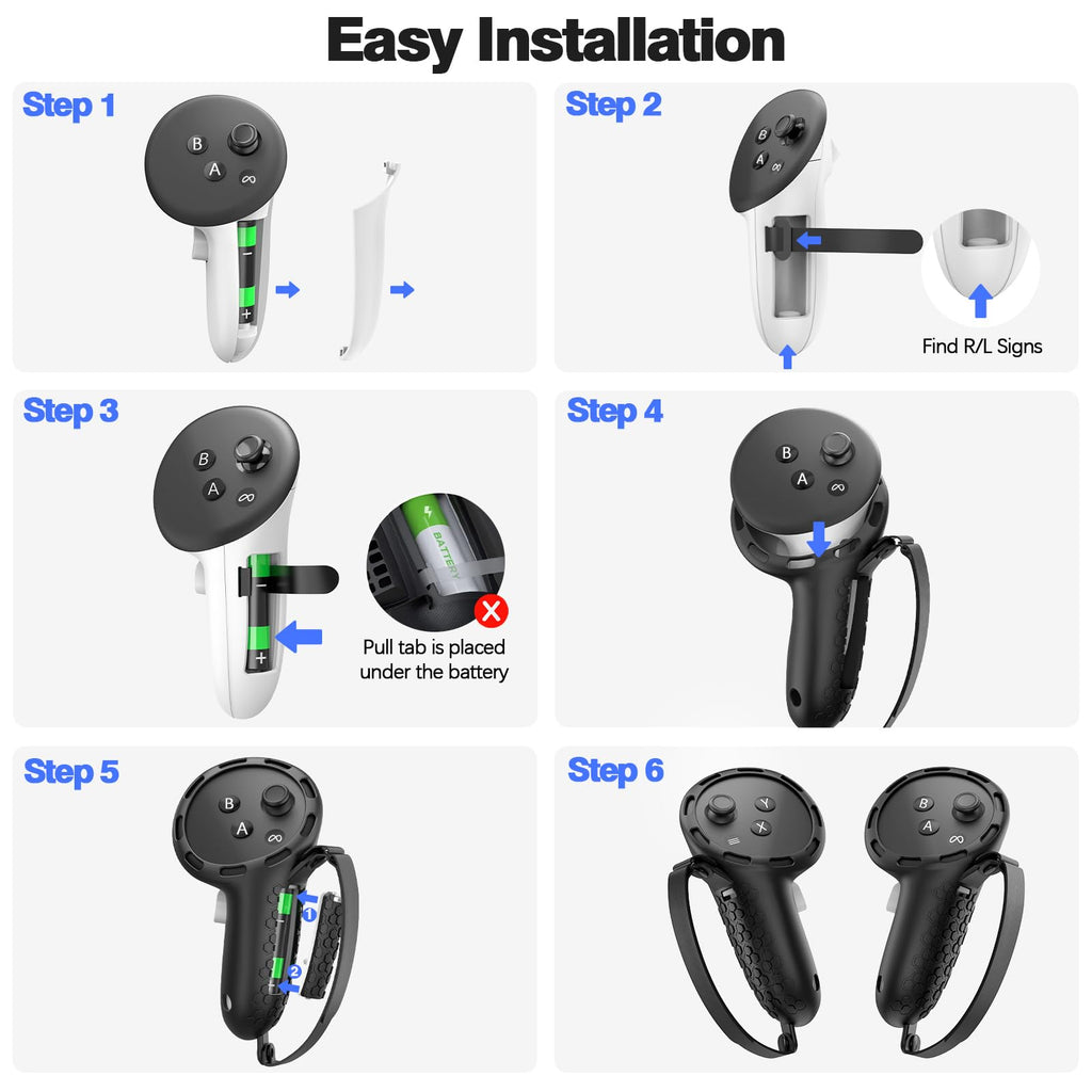 Controller Grips Compatible with Meta Quest 3S Oculus Quest 3 Controllers Straps Knuckle Hand Strap with Battery Opening Covers with Thumbsticks Covers Black, Batteries Not Included