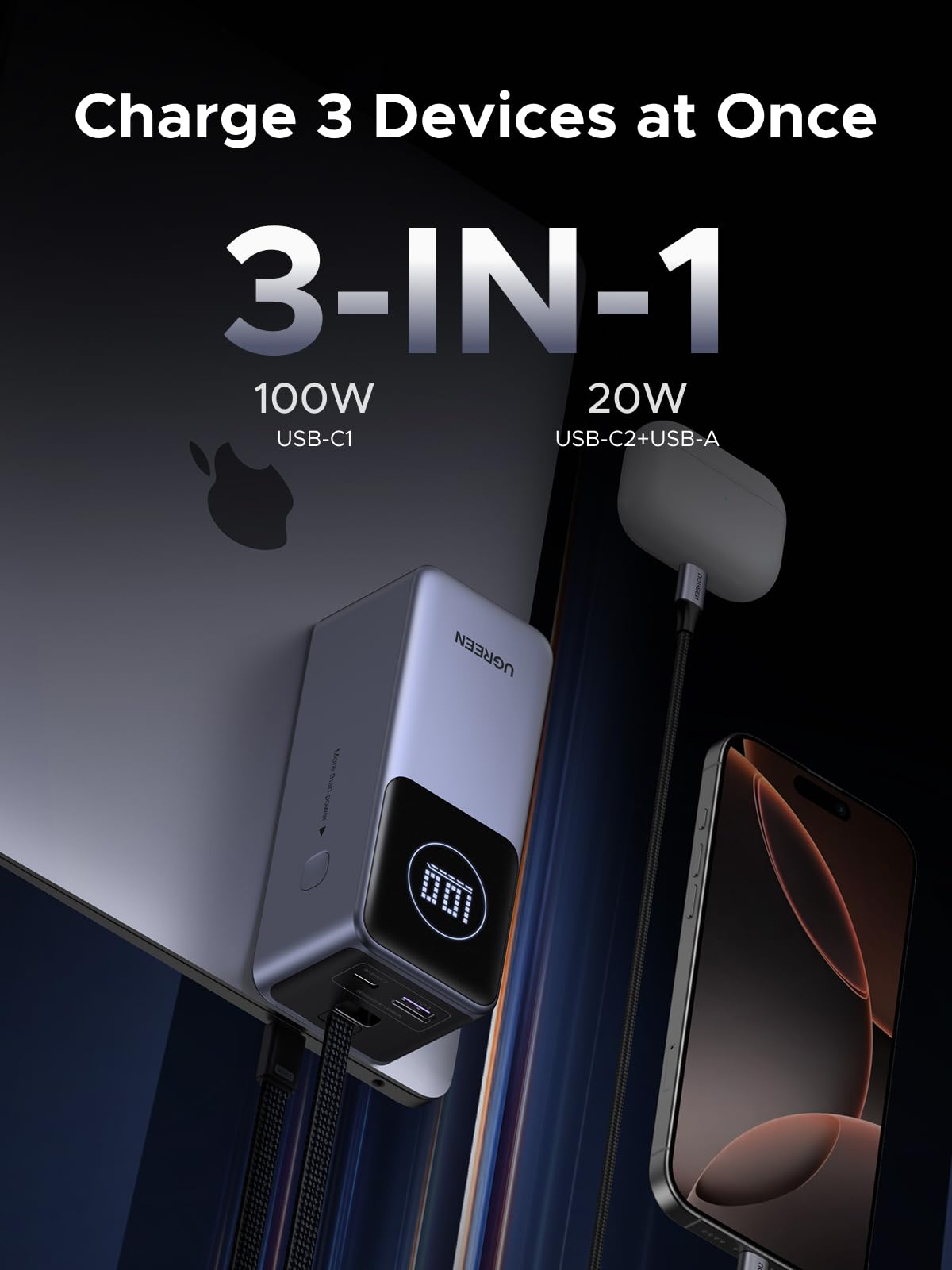 UGREEN Nexode Power Bank 20000mAh 130W with Built-in USB C Cable Laptop Travel Portable Charger, 80W Input, Fast Charging for MacBook Pro/Air/iPhone 17/16/iPad Pro/Galaxy S25 Ultra/Dell/HP and More