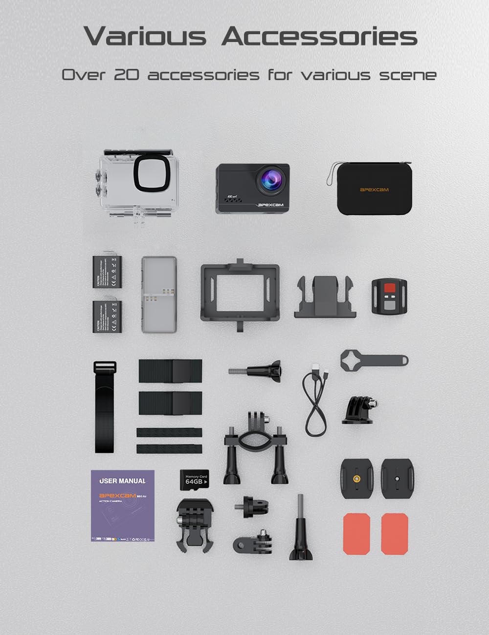 Apexcam 4K 60FPS 64MP EIS WiFi Action Camera with 64GB Memory Card Waterproof Underwater Camera 40M Sport Camera 2.0'LCD 2.4G Remote Control 2X1350mAh Batteries and Multiple accessorie