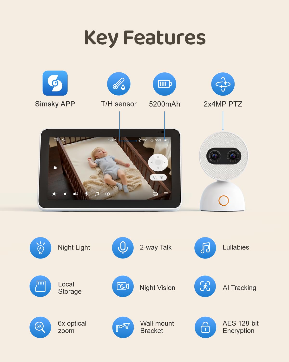 Simsky Baby Monitor with 2 Cameras, 7" UHD Split-Screen Touch Display | 4MP Dual Cameras with Wall Mount, 6X Zoom | AI Detection, App Remote Access, 32GB Local Storage, Hack-Proof Encryption