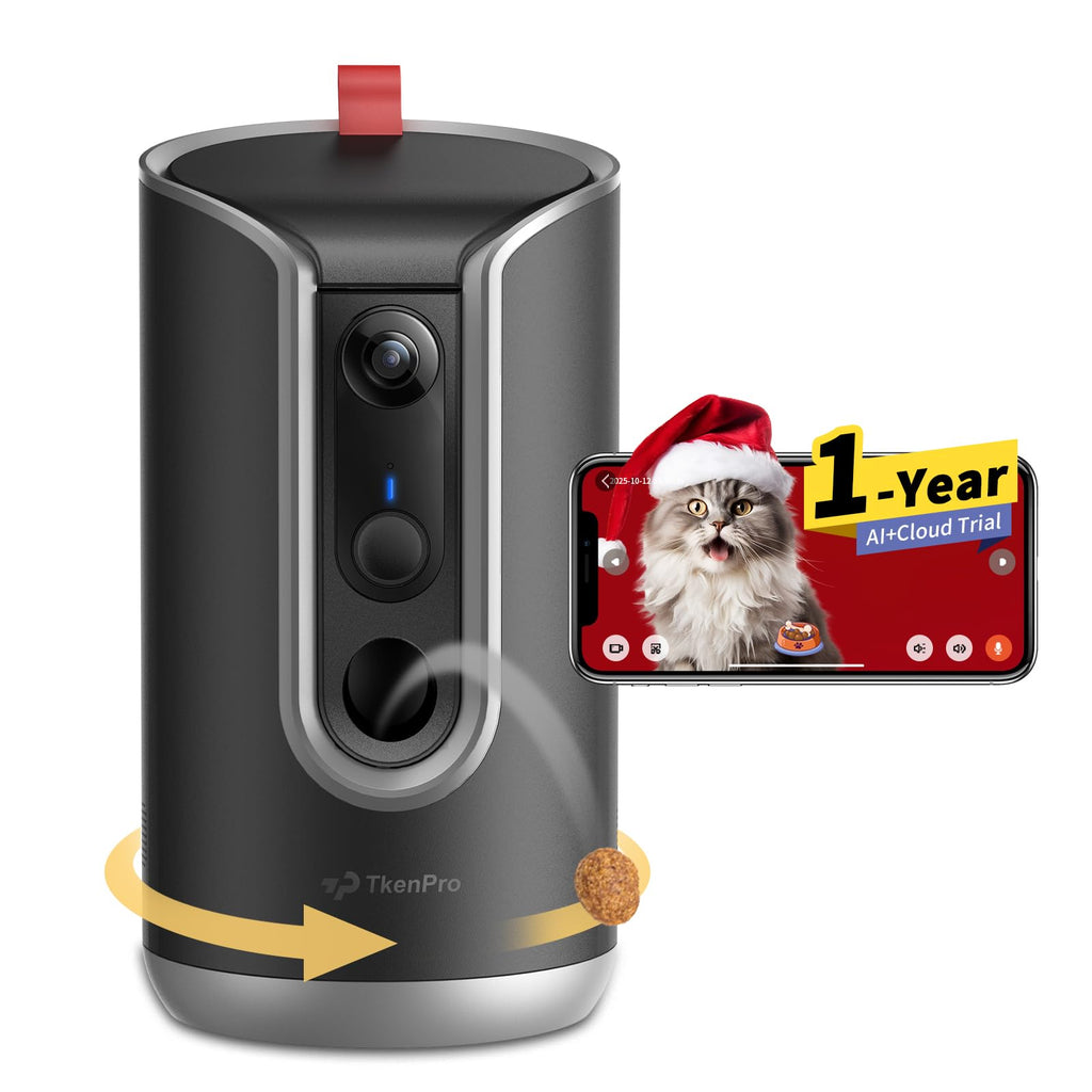 TKENPRO Pet Camera Treat Dispenser [1-Year Trial: Cloud + AI Features Included], 2K Dog & Cat Cam, Remote Treat Tossing, 360° Auto Tracking, 5G/2.4G WiFi Compatible, 2-Way Talk, Motion Alerts Indoor