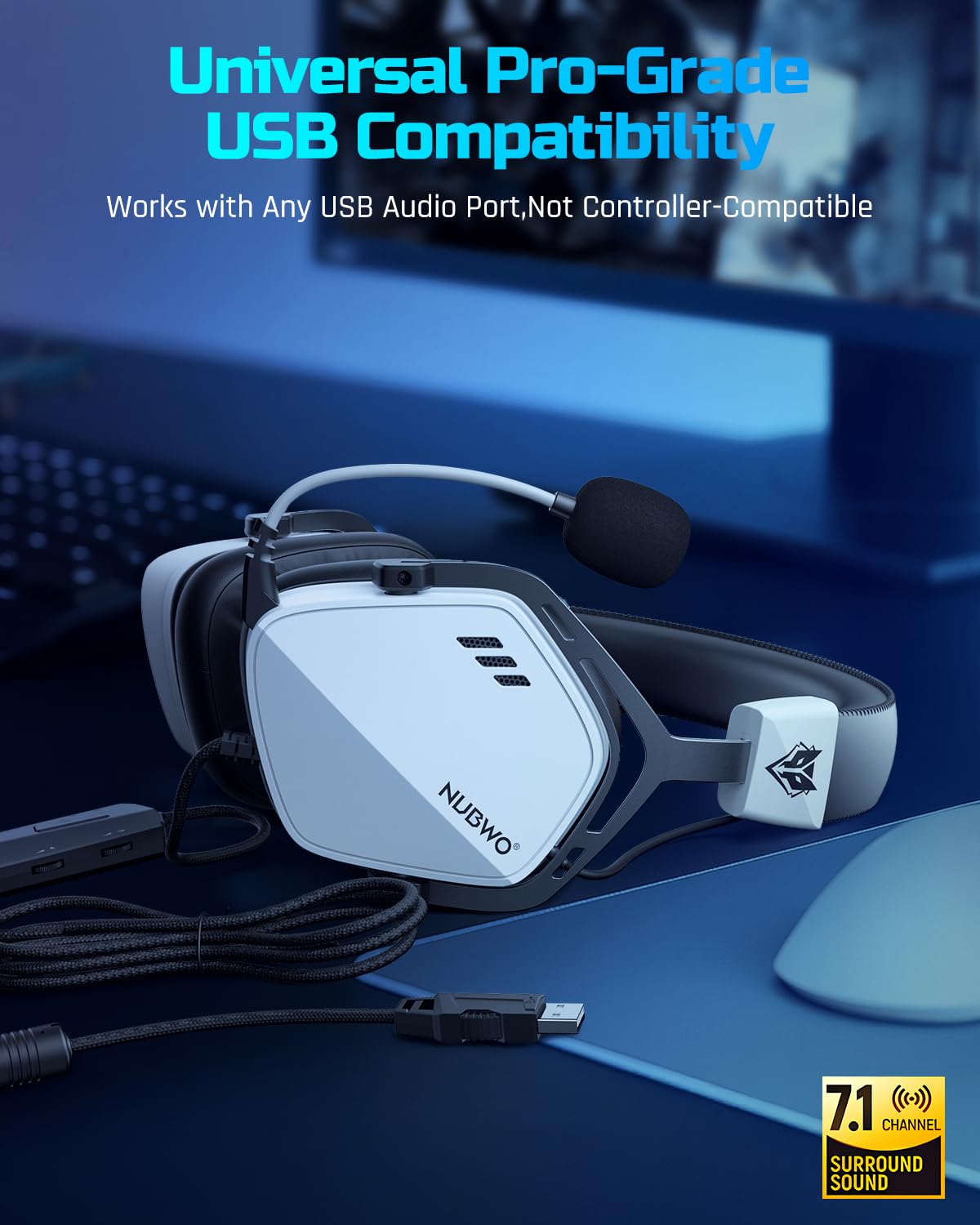 NUBWO HG03 Wired USB-A Gaming Headset for PC, Computer Headset with 7.1 Surround Sound, Noise Canceling Mic, 50MM Driver, Wired Headphones for PC, Laptop, Office - White
