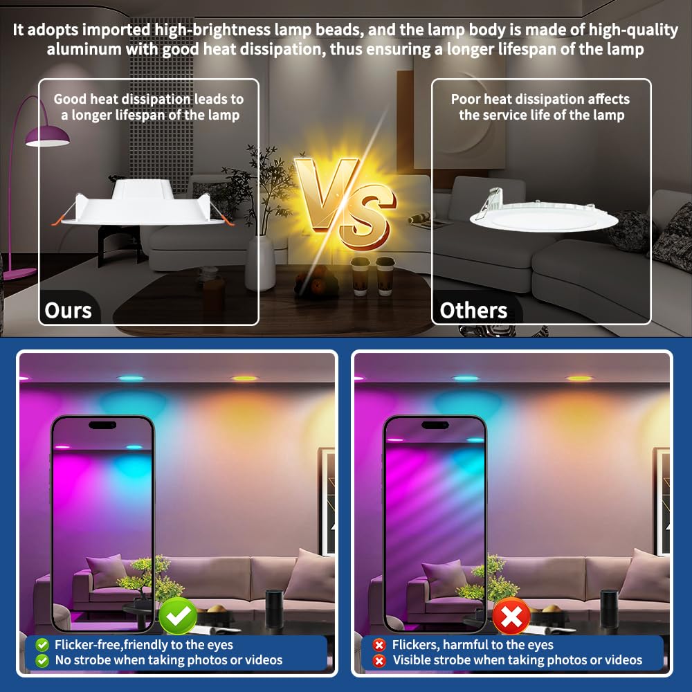 10 упаковка 6-дюймовых умных встраиваемых светодиодных светильников RGBCW