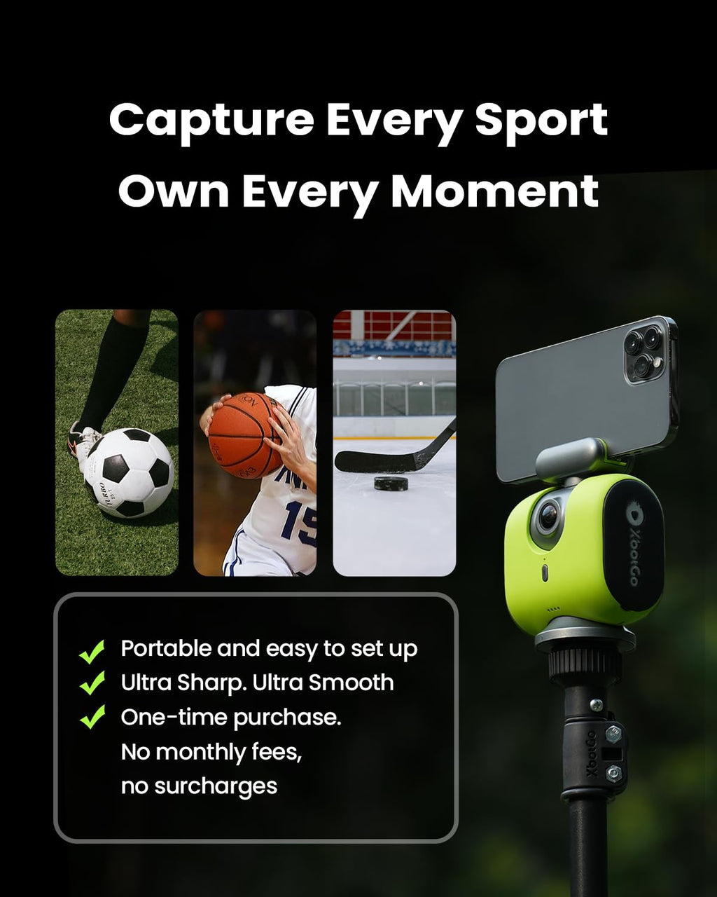 XbotGo Chameleon AI Auto Sports Action Camera - 4K 60FPS Soccer Camera and Basketball Tracking Camera for Team Sports, Live Streaming, No Subscription, Works with iOS & Android (Lemon Green)