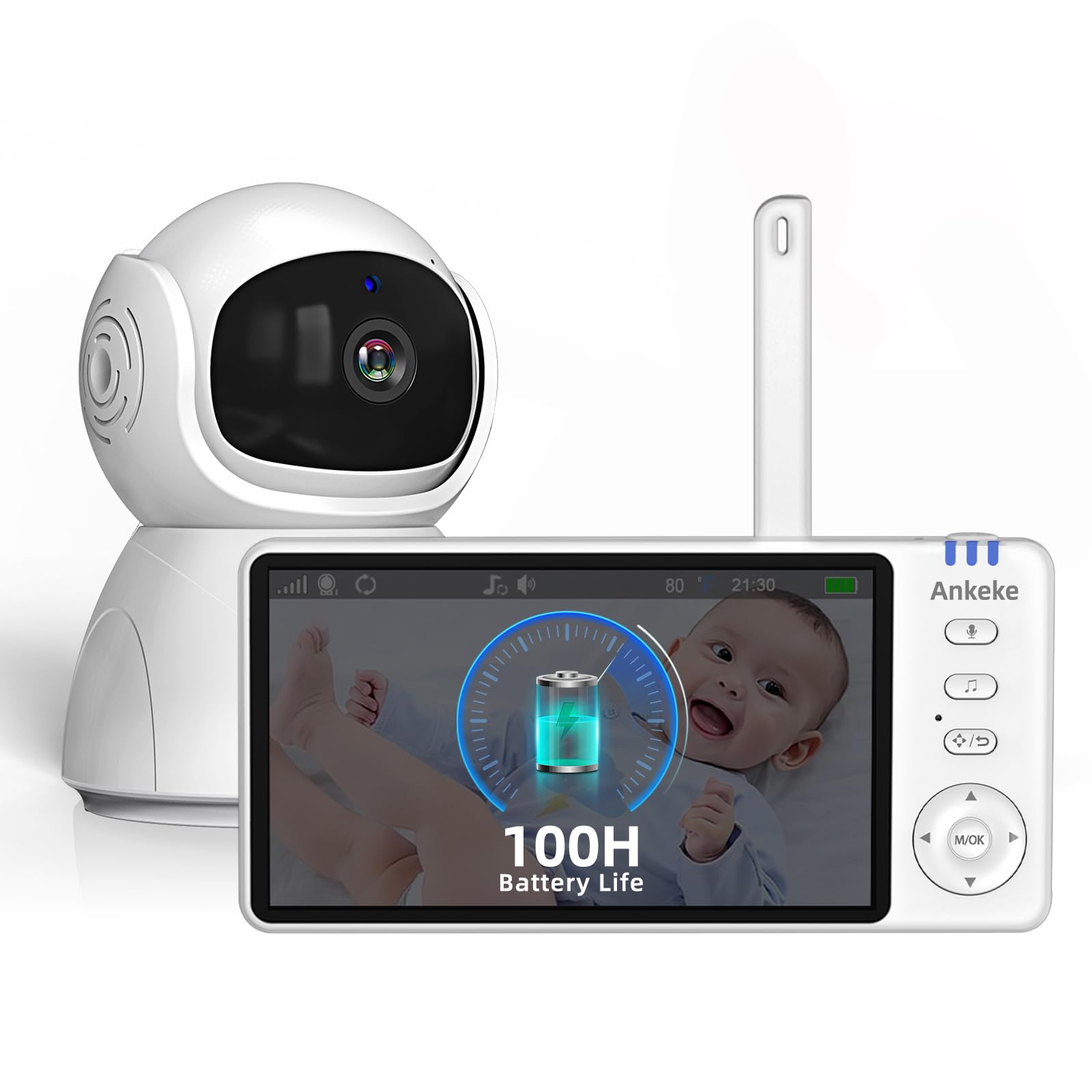 AnKeKe Video Baby Monitor with Camera and Audio,720P 5" HD Wireless No WiFi, 2-Way Talk,Voice Motion Detection, 8 Lullabies, 1000ft Long Range, Night Vision, Temperature & Feeding Alarm, 355° PTZ