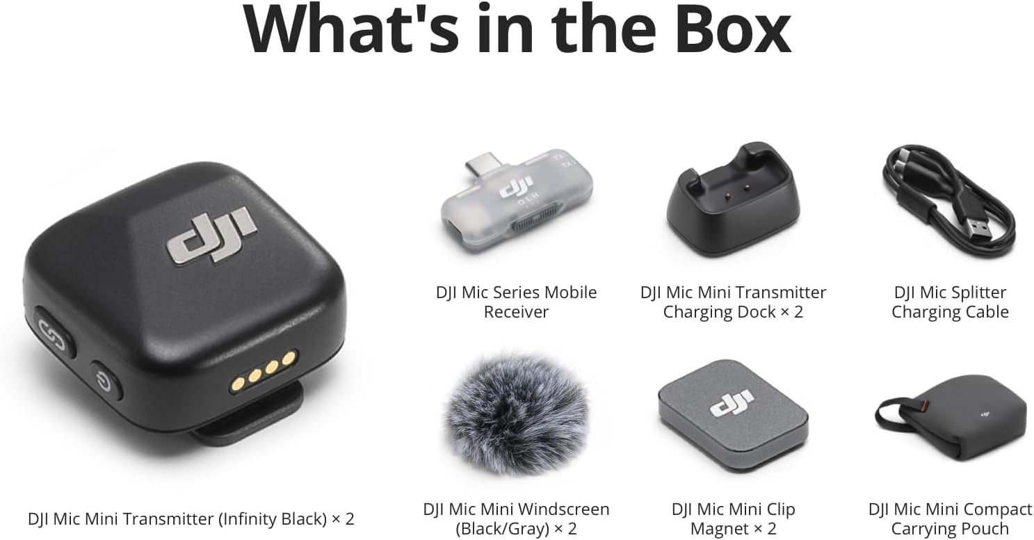 DJI Mic Mini (2 TX + 1 Mobile RX), Wireless Lavalier Microphone for iPhone 17/16/15 & Android/PC/Tablet, Plug-and-Play, 300m Transmission, Ultralight, Active Noise Cancelling, YouTube, Vlog, Streaming