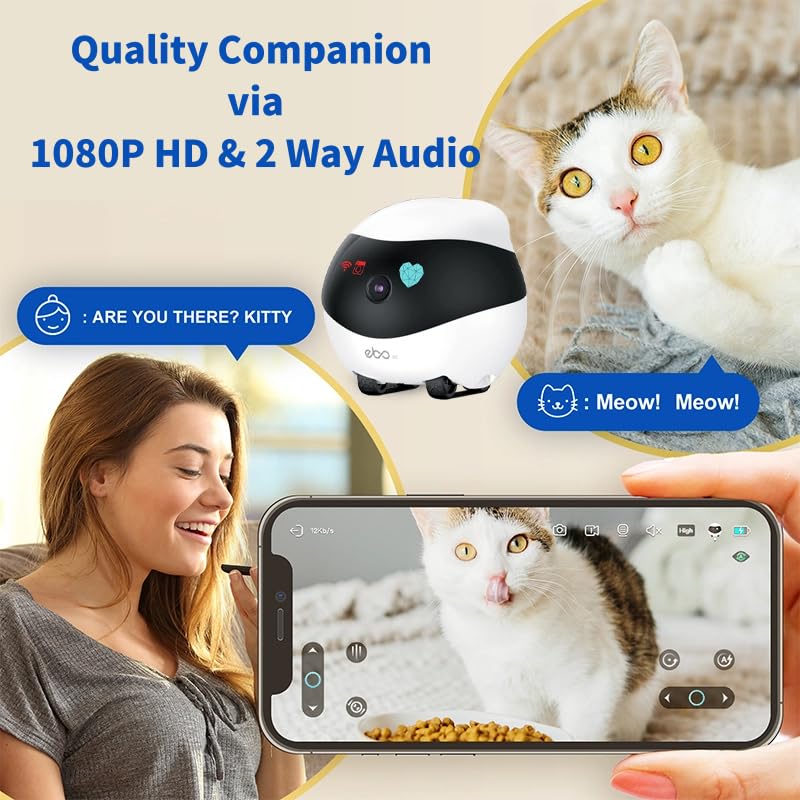 Rocon Ebo SE Pet Robot Camera, 2 Way Talk, Night Vision, App Remote Control, Indoor Security Camera, Movable Cam for Dog/Cat/Baby, SD Card