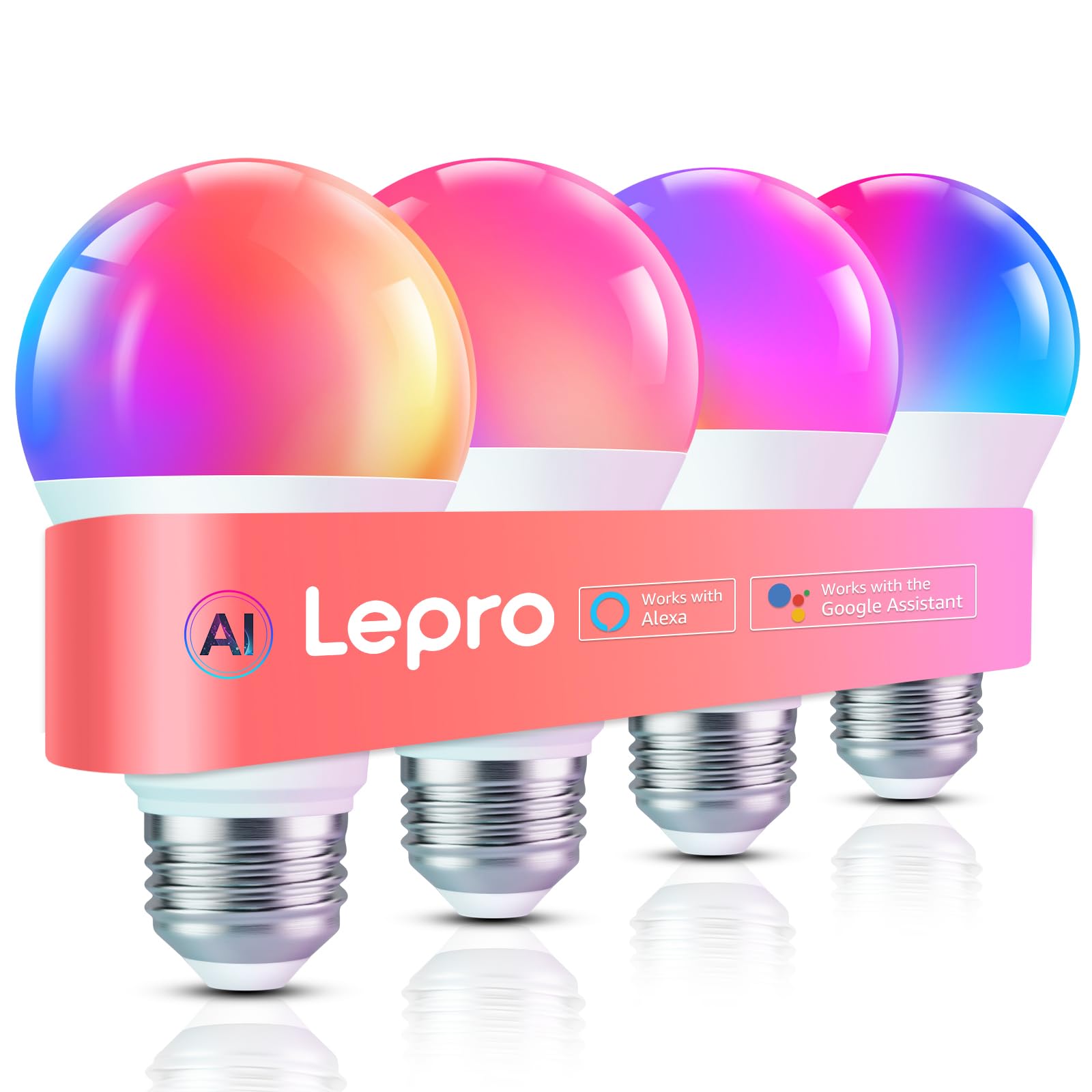 Lepro B1 AI Smart Light Bulbs - WiFi & Bluetooth RGBWW Color Changing LED Bulb Works with Alexa & Google Assistant, Personalized Al Lighting Designer, AI Voice Control, Music Sync, 2.4GHz Only, 4 Pack