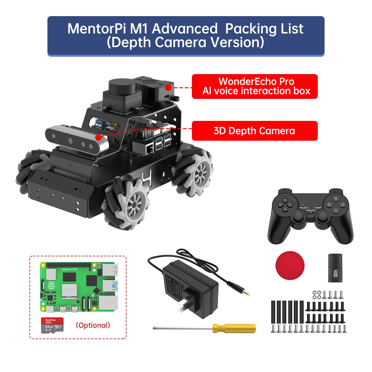 MentorPi M1 Advanced Robot Car — ChatGPT AI, 3D Depth Camera, Mecanum Wheels, ROS2, Lidar SLAM, YOLOv5, Raspberry Pi 5 8GB, Black
