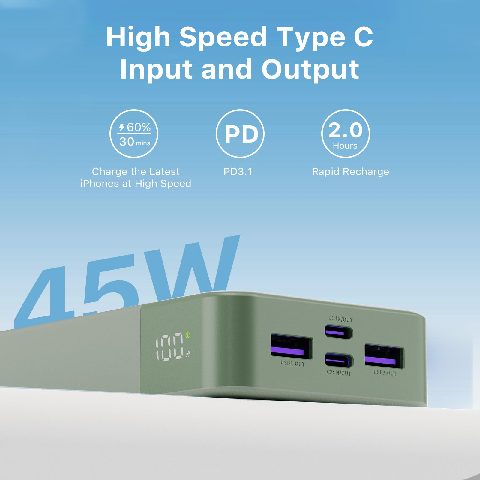 JUOVI J2621 Power Bank Portable Charger 20000mAh 45W, PD3.0 QC 4.0 Fast Charging Battery Pack with LED Display,2 USB-C,2 USB-A for iPhone 15 16, MacBook