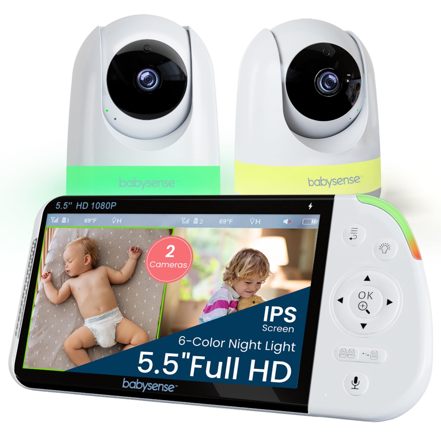 Babysense PRO Full HD 5.5" Split Screen Baby Monitor with 2 Cameras, 6-Color Night Light, White Noise, Sound & Light Machine, 20-Hour Battery, Hack-Proof Non-WiFi Secure Connection
