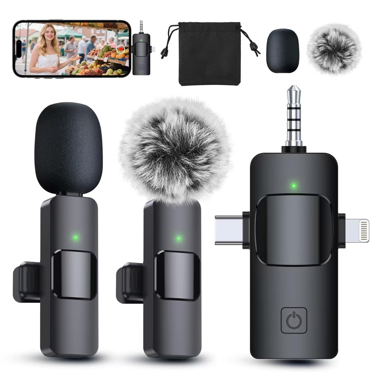 PQRQP 3 in 1 Professional Wireless Lavalier Microphone for iPhone, Android, Camera, Wireless Microphones, Mini Microphone, Crystal Clear Sound Quality for Recording, Live Streaming, Microphone Clips