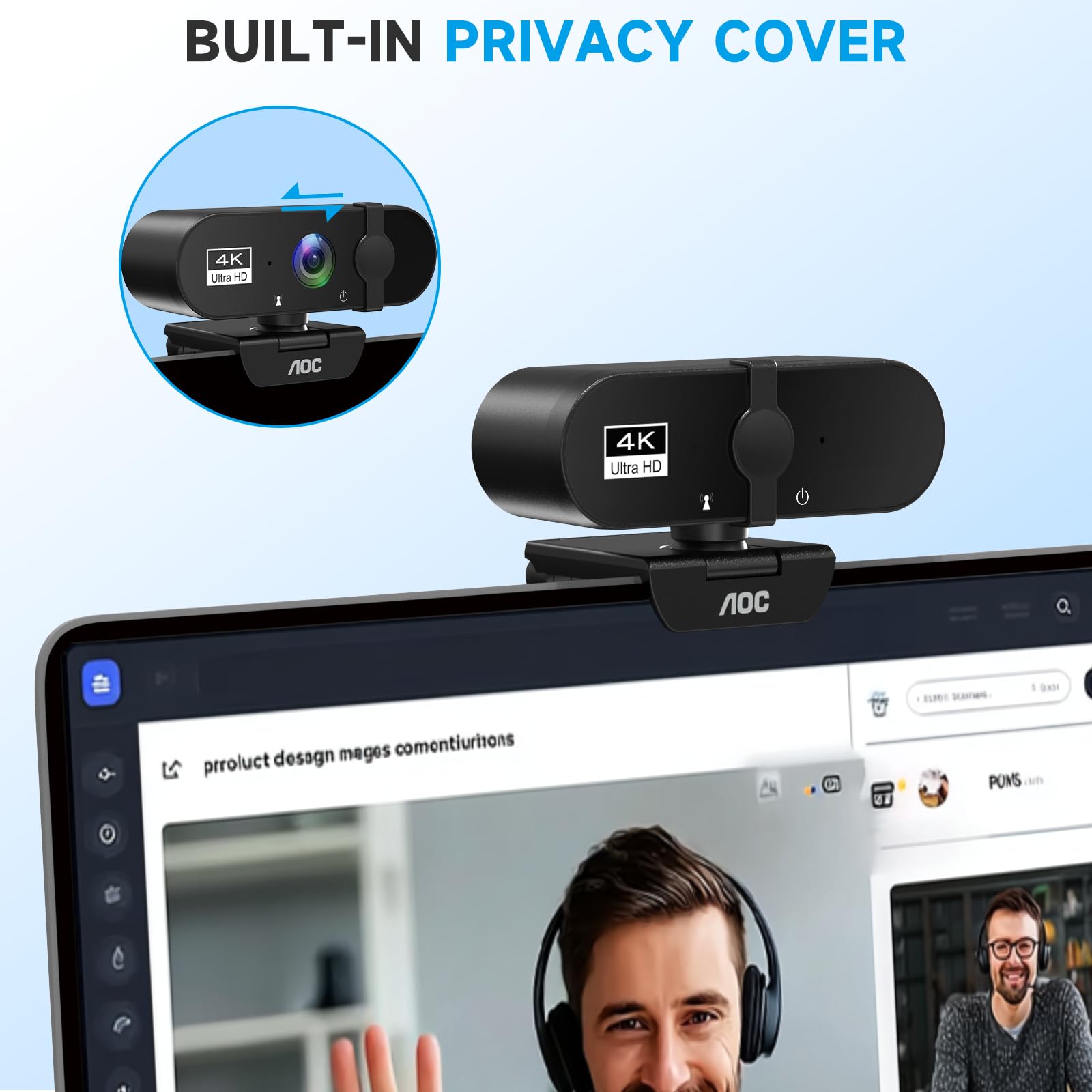 AOC 4k Webcam for PC with Microphone, Computer Camera with Noise Cancellation, Privacy Cover, 99° FOV, Plug & Play USB Webcam for Streaming, Conferencing, Zoom, Skype, Facetime, Laptop, PC, Skype