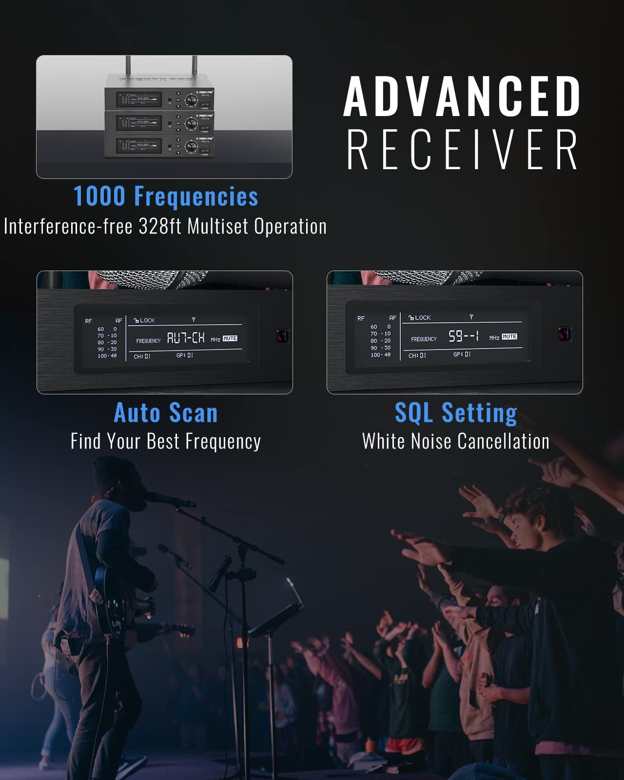 Phenyx Pro True Diversity Wireless Microphone System w/ 1000 Tunable Channels, Single Cordless Mic Set w/Auto Scan, UHF Professional Dynamic Microphone for Singing, Stage & Studio (PTU-1U)