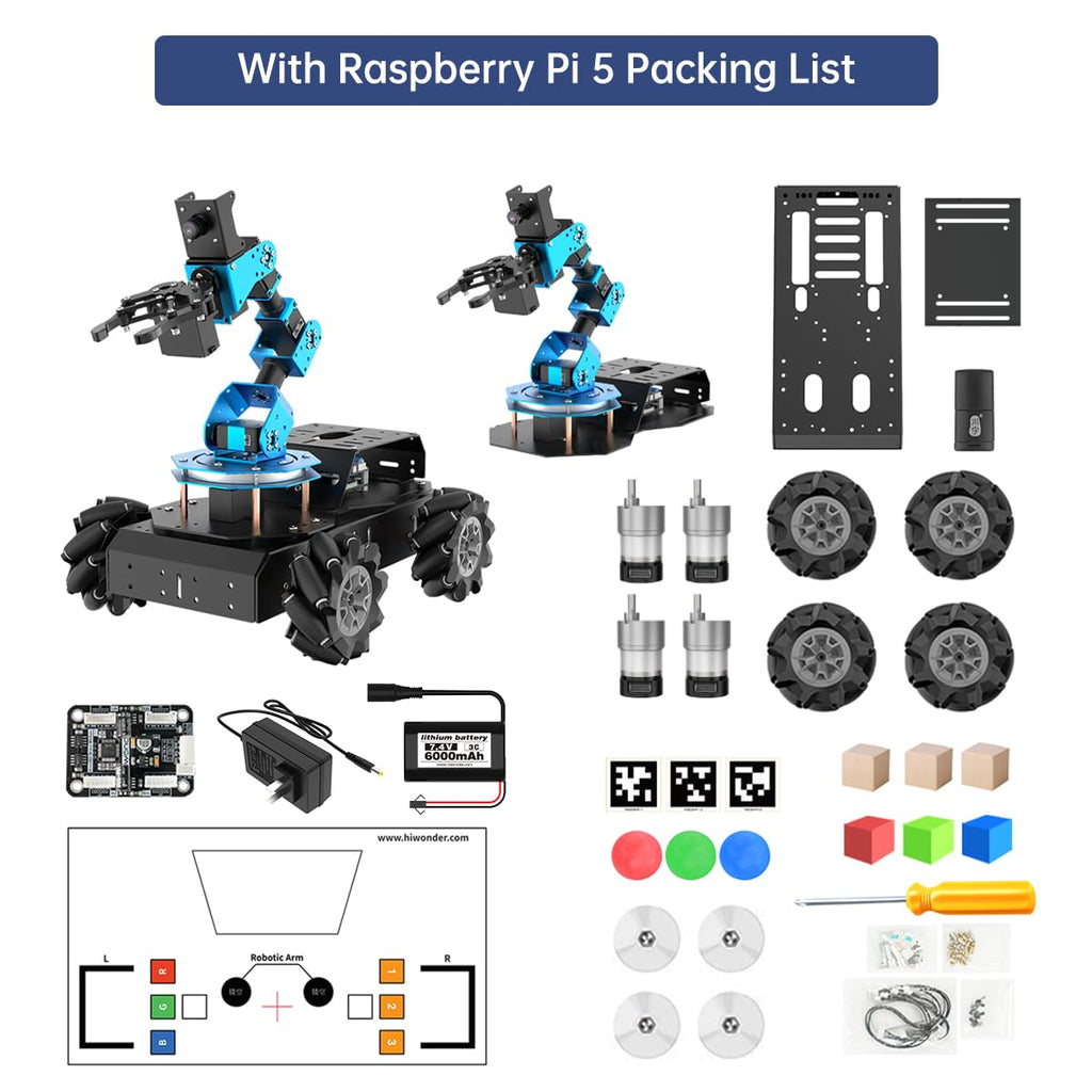 6DOF Robot Arm with Raspberry Pi 5 8GB - AI Vision Robotic Arm Car with Mecanum