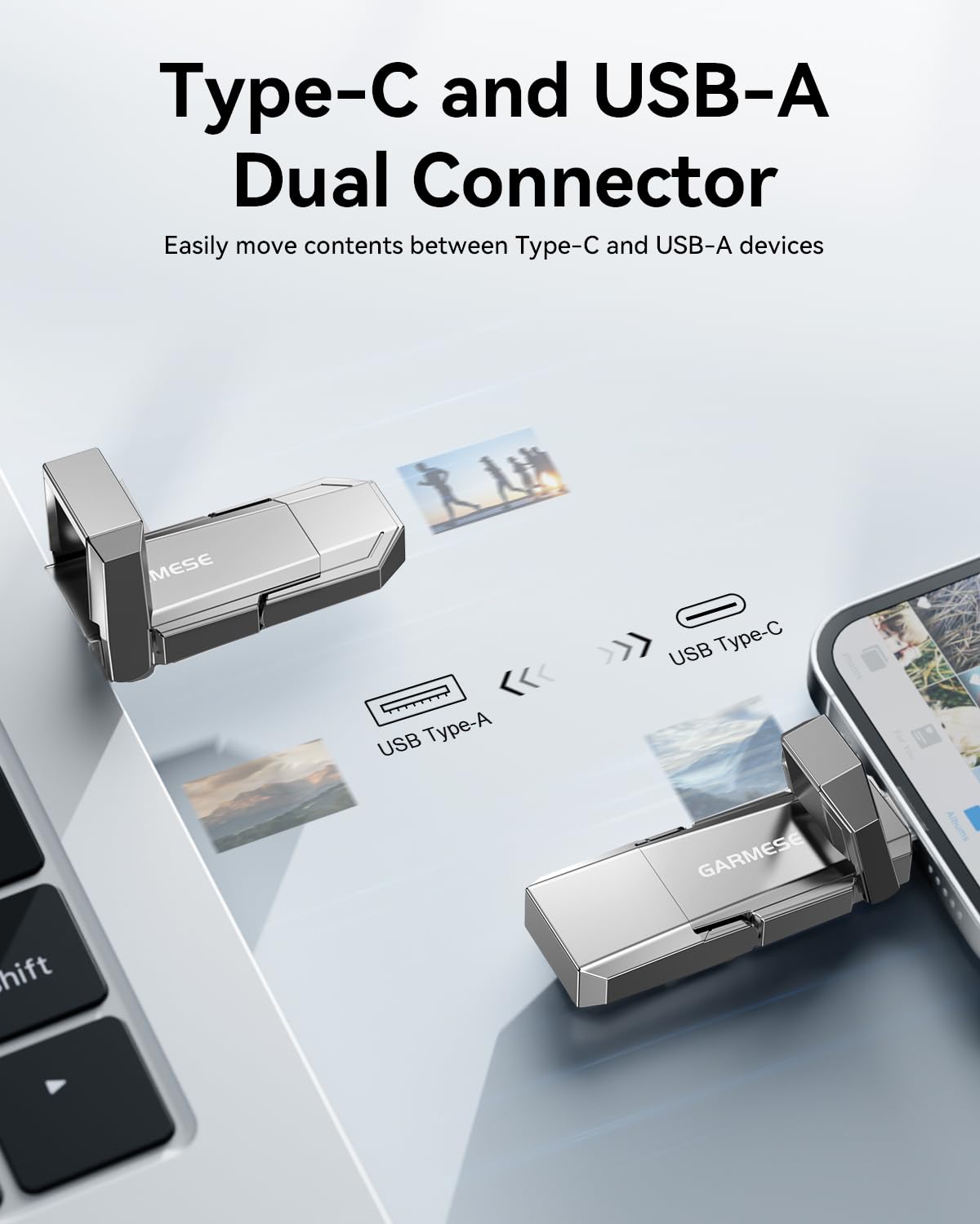 GARMESE 128GB USB C Flash Drive Up to 450MB/s USB 3.2 Solid State Drive 2-in-1 Dual Flash Drive Data Storage Portable External SSD for iPhone 17/16 /15 Series Smartphone Tablet Computer Game Console