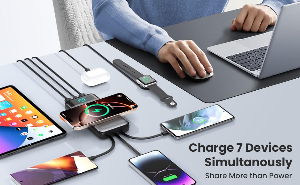 Wireless Portable Charger 40800mAh with 3 Built-in Cables,7-in-1 15W Wireless