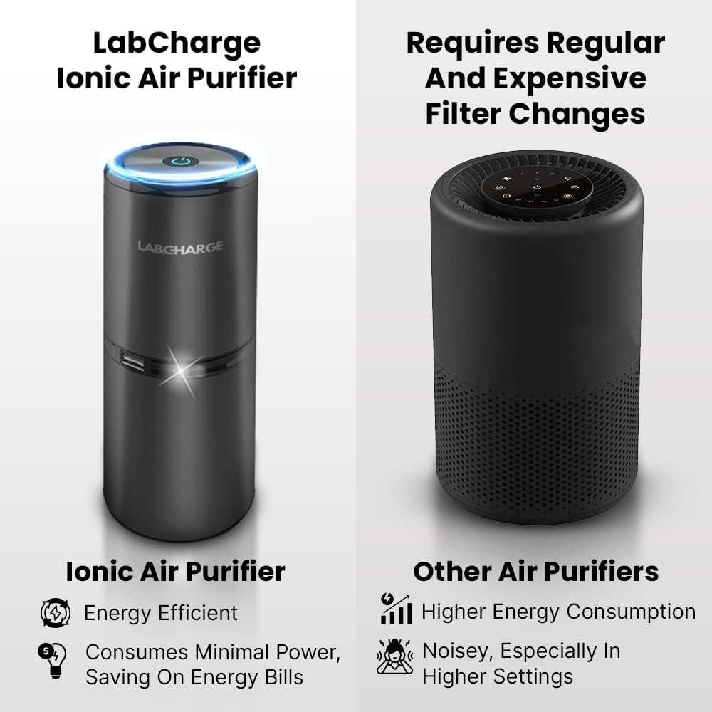 LabCharge Small Ionic Air Purifier for Home & Bedroom – Silent HEPA Filter – Covers 250 Sq Ft - Free Cleaner for Pets, Hair, Smoke, Dust, Odors & Dander – Compact & Black Design - Pack of 5