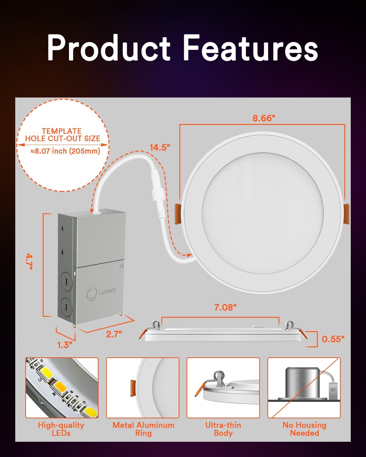 Lumary RGBAI Smart Recessed Lighting 8 Inch with Gradient Accent Light and Night Ring, 18W 1400LM Smart Can-Killer Downlight, Compatible with Alexa/Google Assistant/Siri, 4PCS