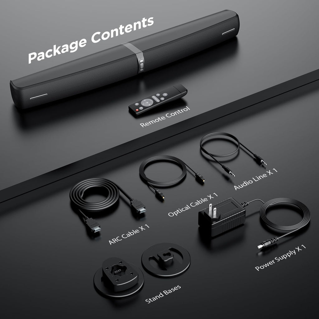 Саундбар Assistrust для Smart TV, саундбар 90 Вт с Bluetooth/ARC/оптическим/AUX подключением, автоматическое усиление громкости, 3 настраиваемых режима эквалайзера, отсоединяемый саундбар 2-в-1 для ТВ/ПК/игр/проекторов