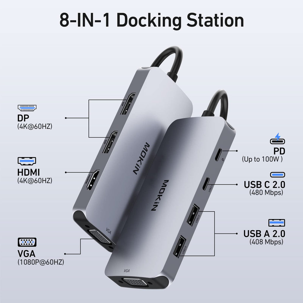 USB C Docking Station Dual DisplayPort, 8 in 1 USB Hub with 2 DP, HDMI, VGA, USB C 2.0, A 2.0, PD Charging Port, Multi Monitor Adapter for Dell/HP/Lenovo Laptops