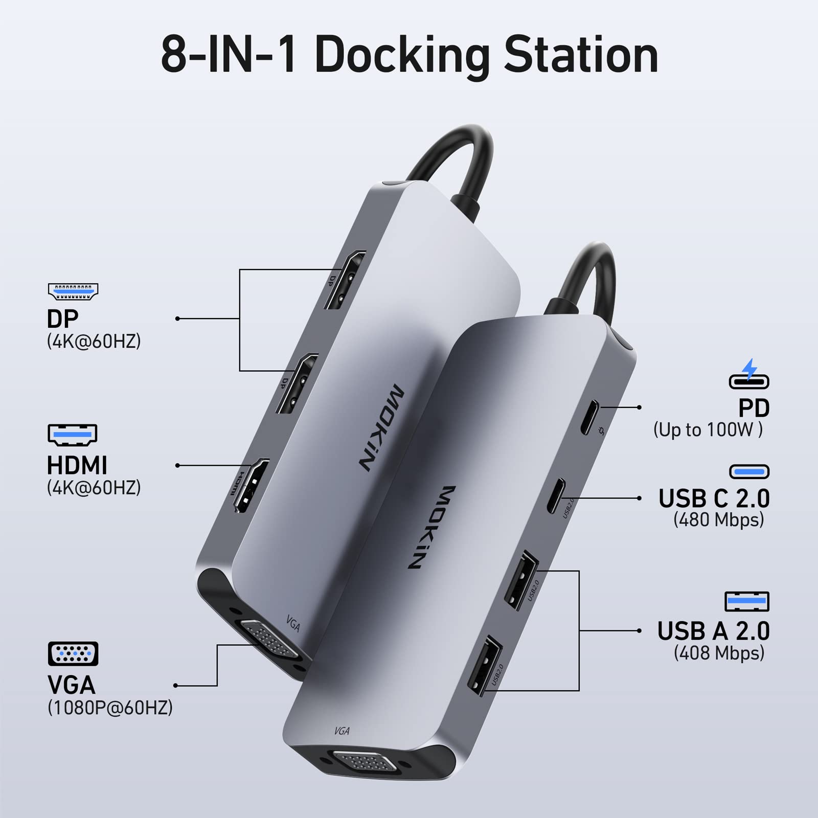 USB C Docking Station Dual DisplayPort, 8 in 1 USB Hub with 2 DP, HDMI, VGA, USB C 2.0, A 2.0, PD Charging Port, Multi Monitor Adapter for Dell/HP/Lenovo Laptops