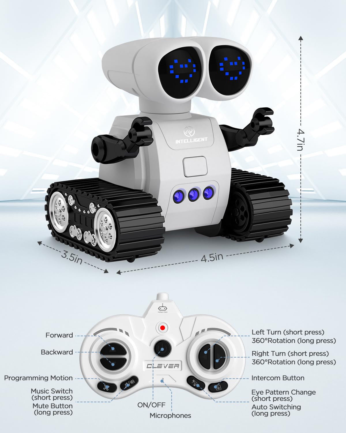 Robot de control remoto recargable con walkie talkies para niños