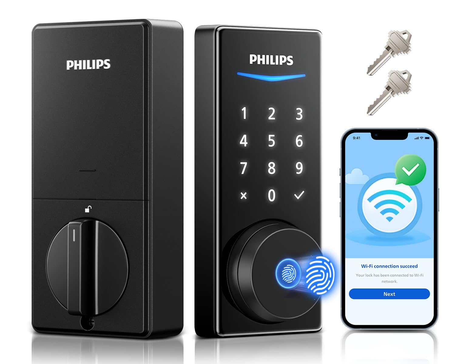 Philips Built-in WiFi Smart Lock, Keyless Entry Door Lock with App, Touchscreen, Fingerprint Door Lock — Compatible with Alexa & Google, Splash-Proof Design, Includes 8 Batteries, Black