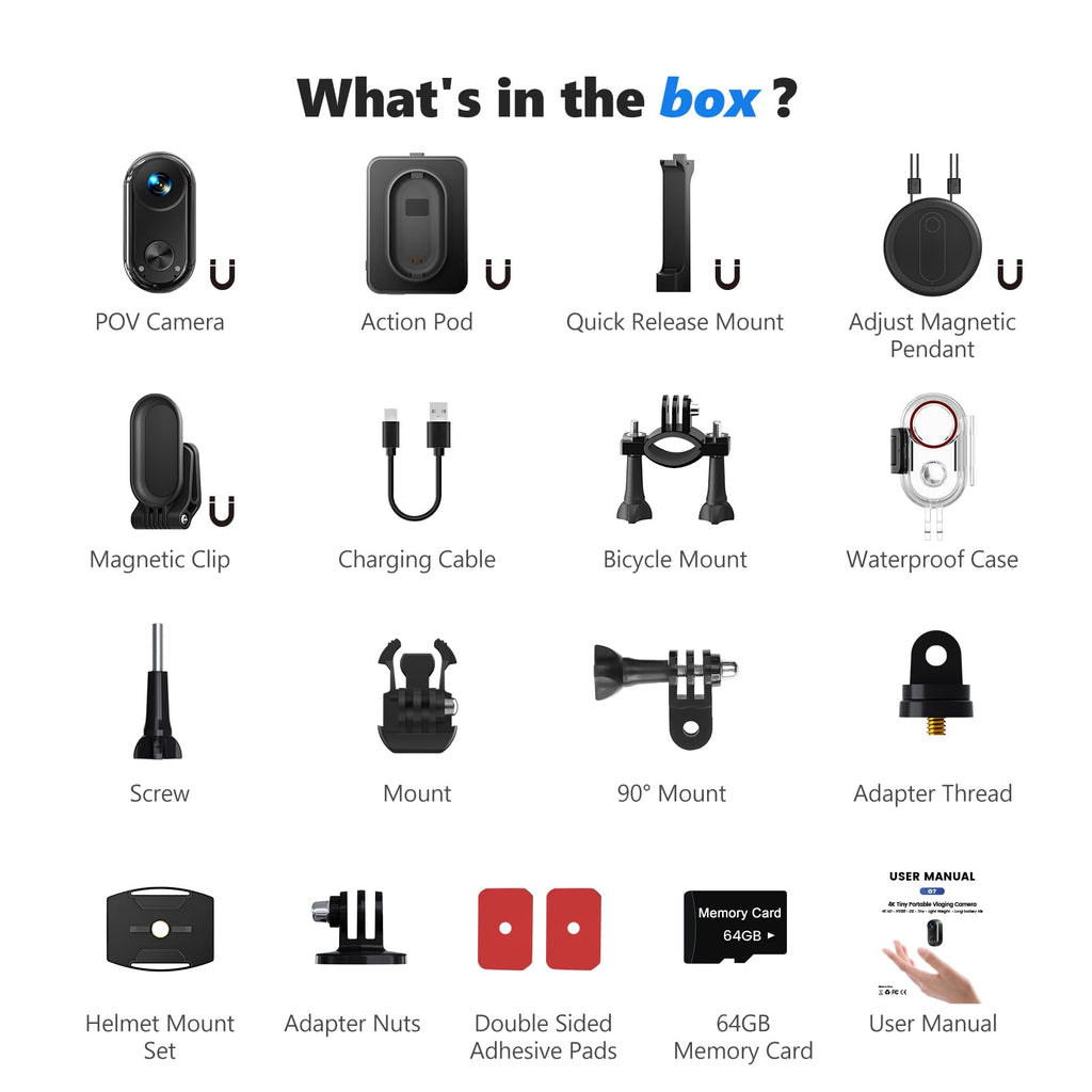 4K 30FPS Vlogging Camera, 64GB Hands-Free POV Camera, 98FT Waterproof Actioncamera with Case, Tiny Sport Cam 6-axis Stabilization, 150° Lightweight Thumb Bodycam 270min runtime, Mount Anywhere