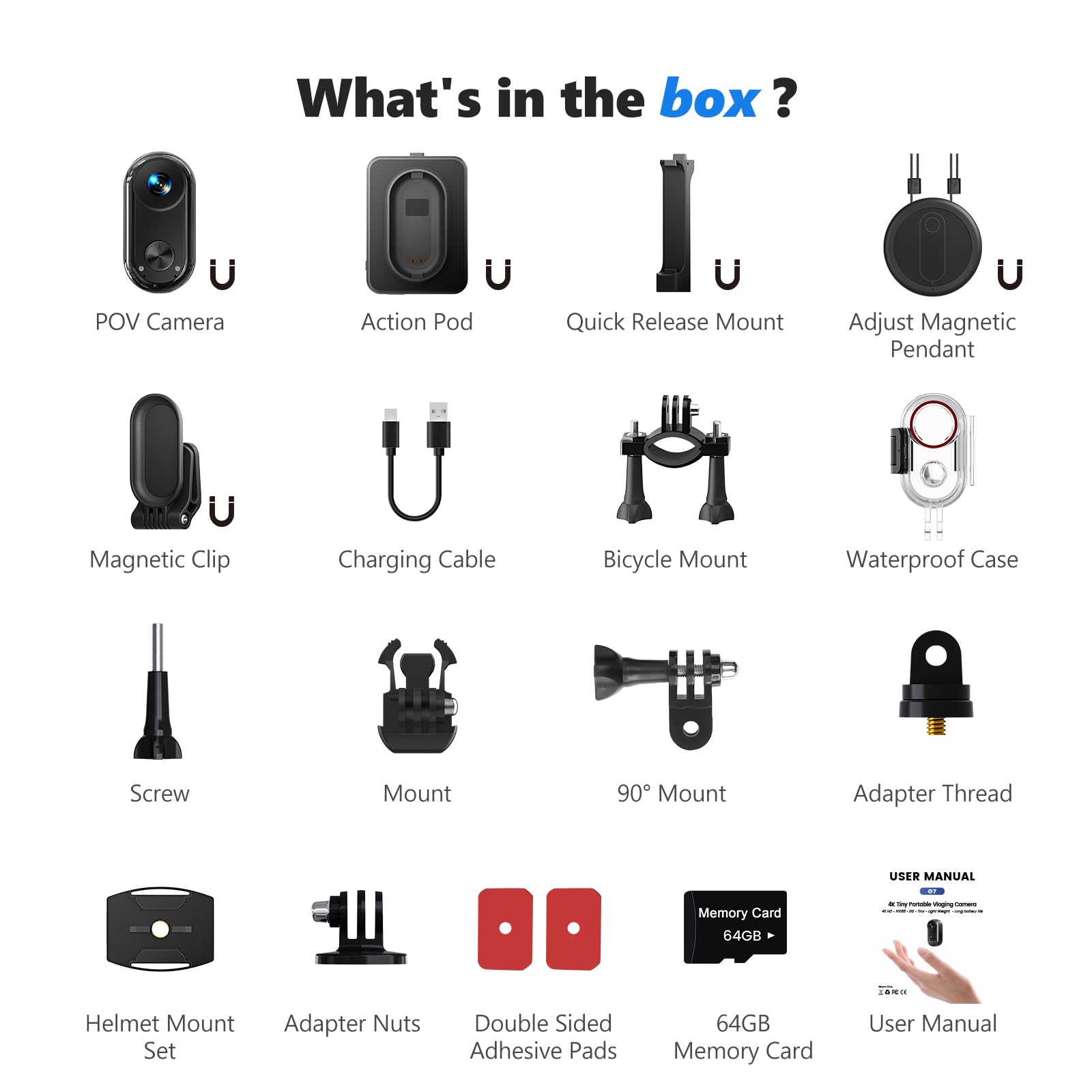 4K 30FPS Vlogging Camera, 64GB Hands-Free POV Camera, 98FT Waterproof Actioncamera with Case, Tiny Sport Cam 6-axis Stabilization, 150° Lightweight Thumb Bodycam 270min runtime, Mount Anywhere