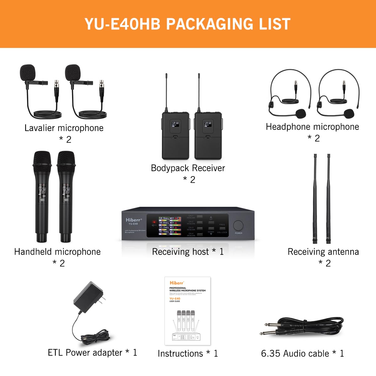 Hiberr Wireless Microphone System, 4 Channels Adjustable UHF Wireless Microphone Metal Shell Vocal Wireless Mic for Church, Party, Singing, SpeechYU-E40HB Cordless Microphone