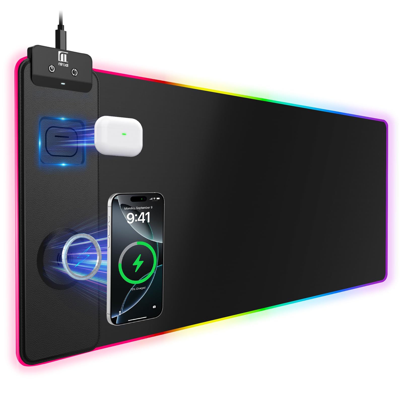 Mouse Pad with Magnetic Wireless Charging, Large Desk Pad Protector, RGB Black Mousepad Desk Mat with 15W Fast Charger, 4mm Thick Non-Slip, Waterproof Laptop Writing Pad for Office, Home, Gaming