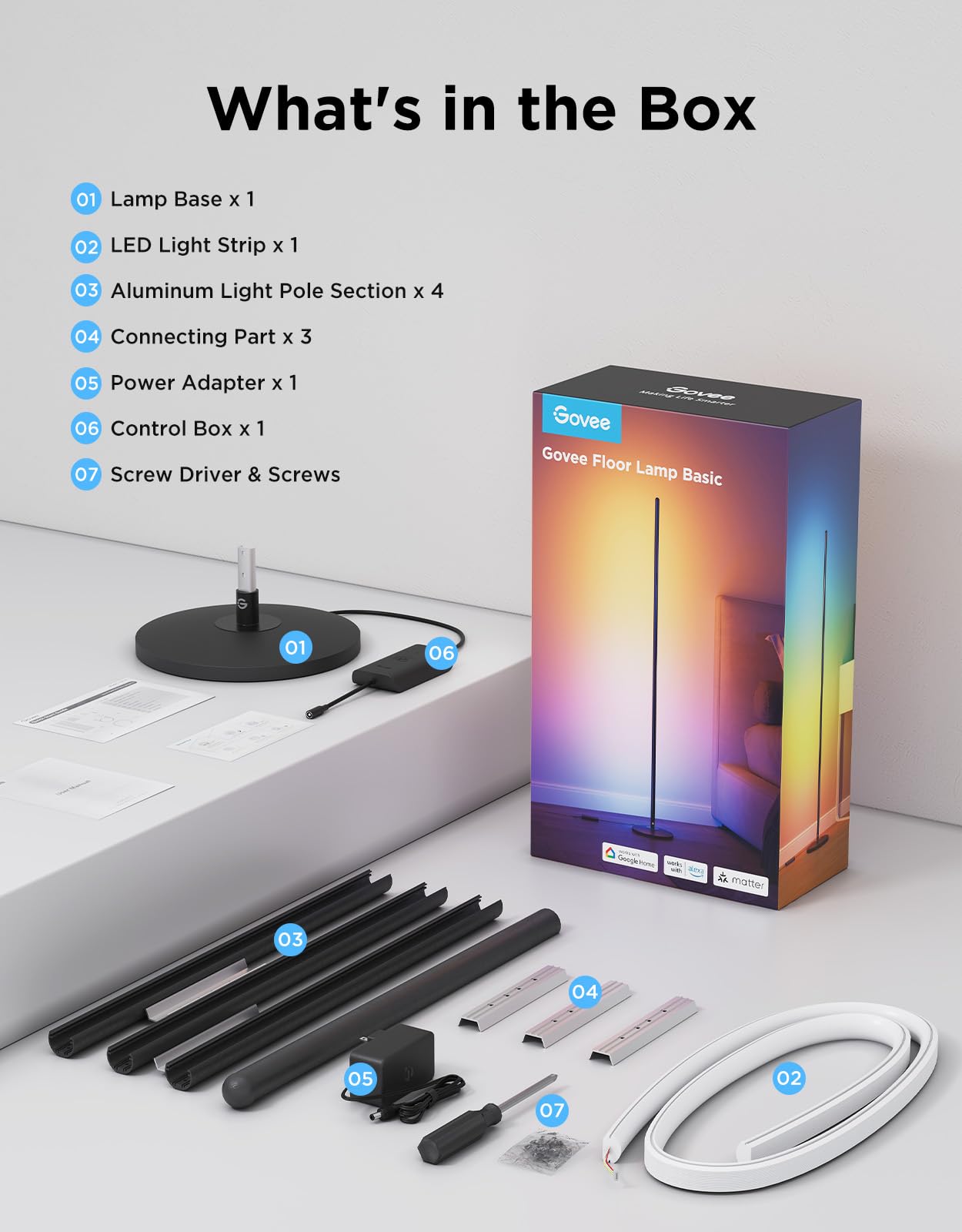 Govee RGBIC Floor Lamp Basic, 1000lm LED Corner Lamp Compatible with SmartThings, Alexa, and Matter, Modern Floor Lamp with Music Sync and 16 Million DIY Colors, Standing Lamp for Bedroom Living Room