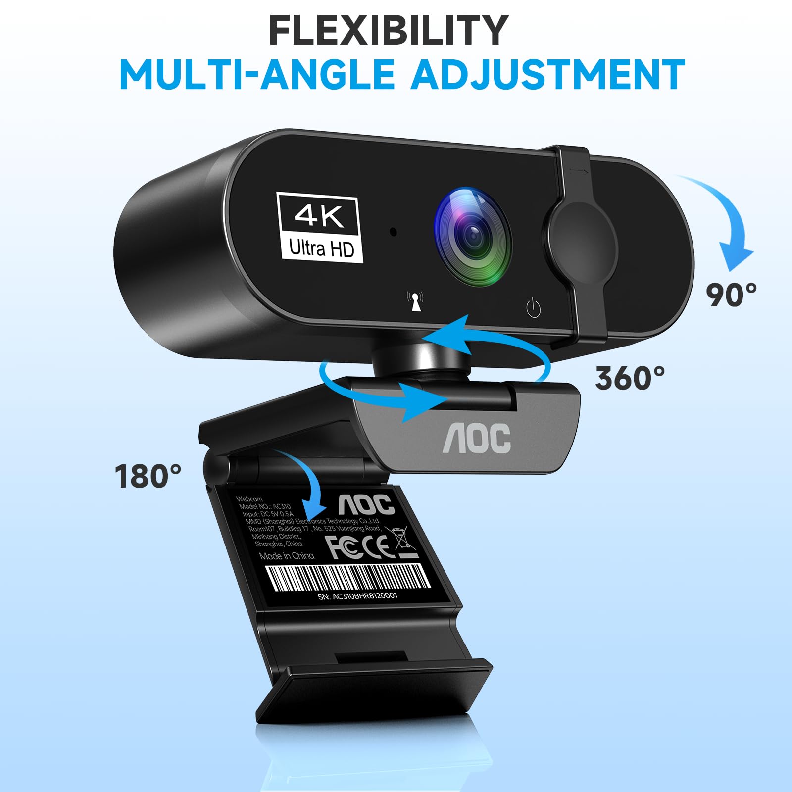 Веб-камера AOC 4k для ПК с микрофоном, компьютерная камера с шумоподавлением, защитная шторка, угол обзора 99°, веб-камера Plug & Play USB для стриминга, конференций, Zoom, Skype, Facetime, ноутбука, ПК, Skype