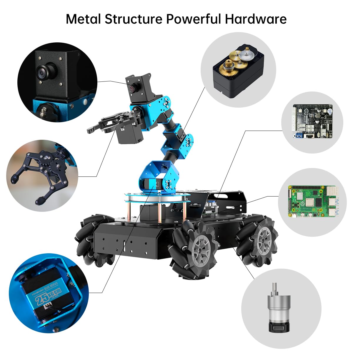 6DOF Robot Arm with Raspberry Pi 5 8GB - AI Vision Robotic Arm Car with Mecanum