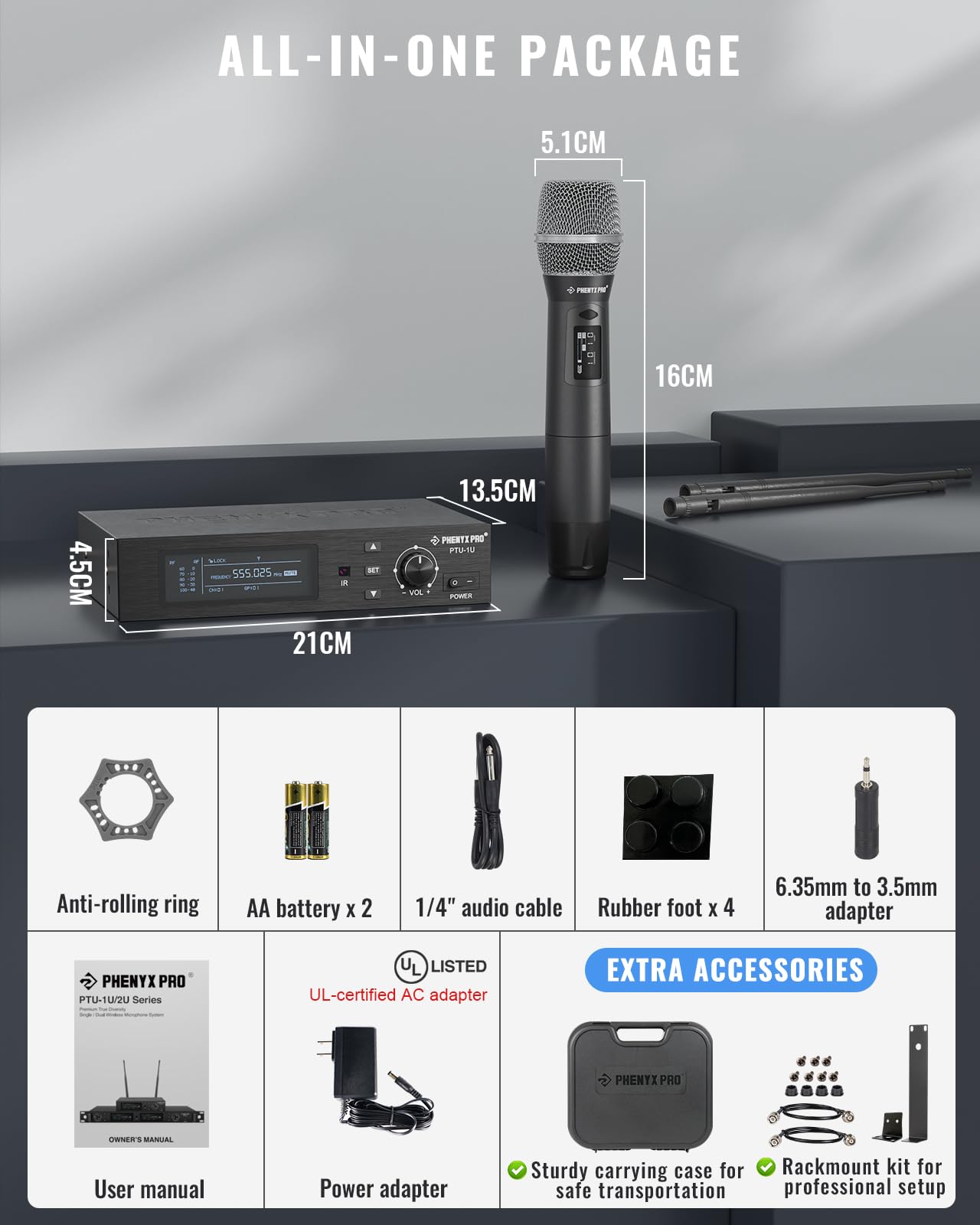 Phenyx Pro True Diversity Wireless Microphone System w/ 1000 Tunable Channels, Single Cordless Mic Set w/Auto Scan, UHF Professional Dynamic Microphone for Singing, Stage & Studio (PTU-1U)