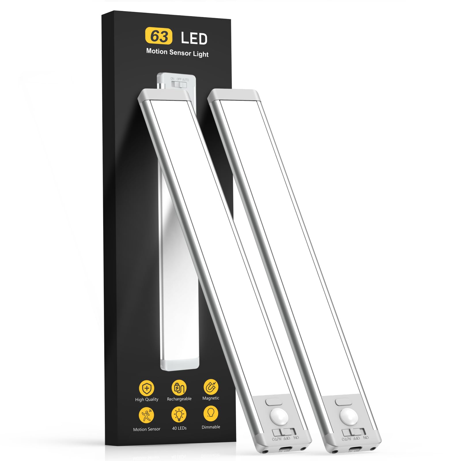 Under Cabinet Lighting, 14.7" Rechargeable Motion Sensor Light Indoor, 2 Pack Magnetic Dimmable Closet Lights, Wireless Under Counter Lights for Kitchen, Stairs,Hallway